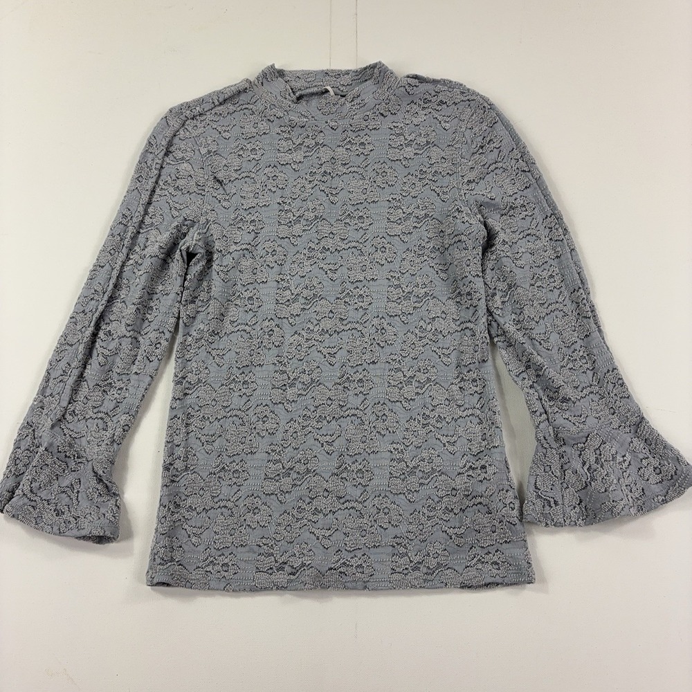 Free People Blouse Womens Small Gray Floral Lace Mock Neck Bell Sleeve Sheer